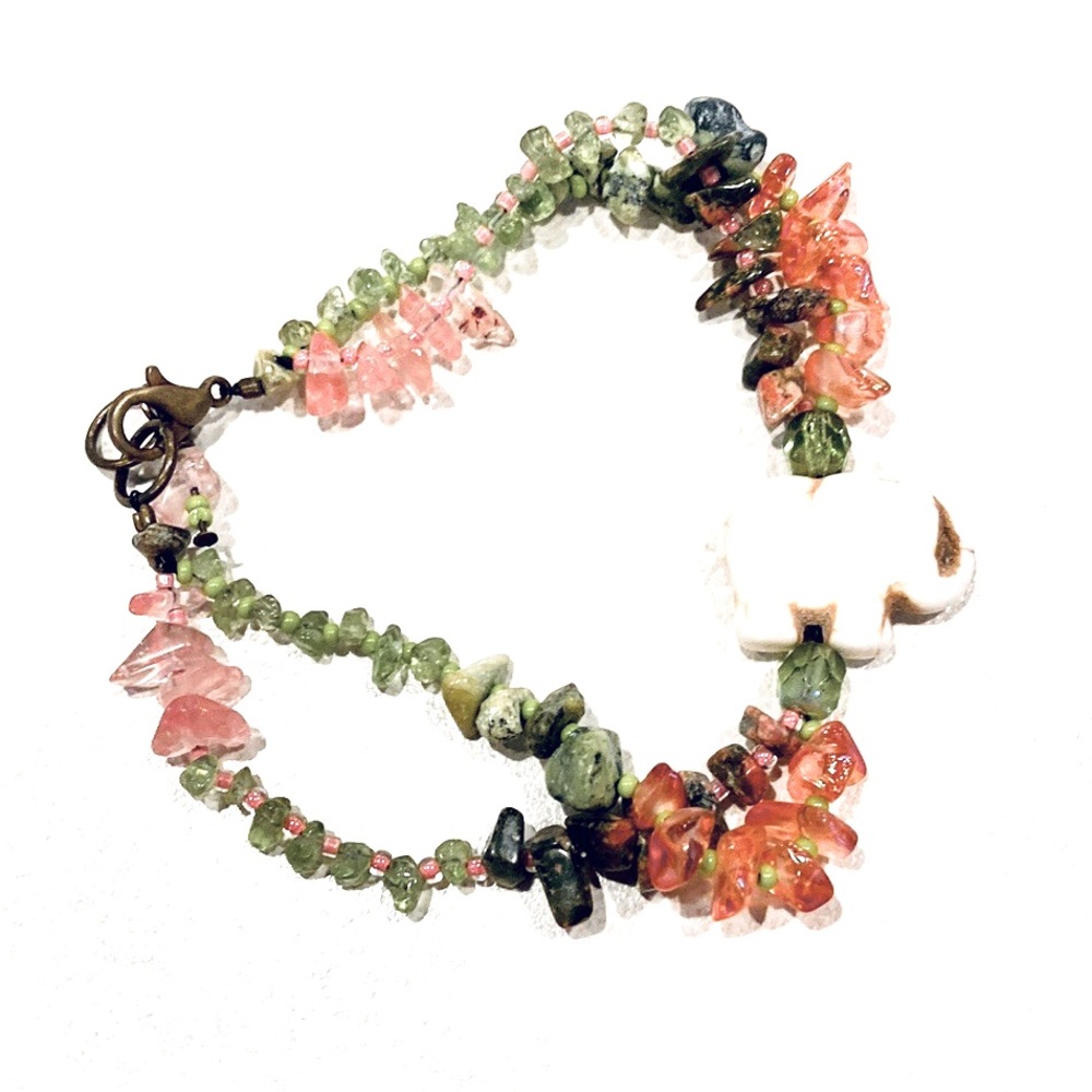 Handmade Peridot and Rose Quartz Elephant Bracelet